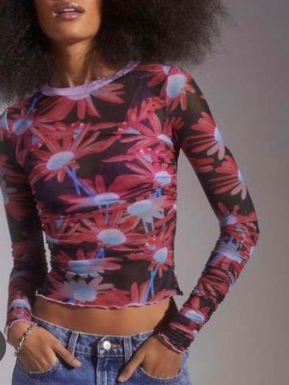 Urban Outfitters Sia Ruched Fitted Semi Sheer Longsleeve Top